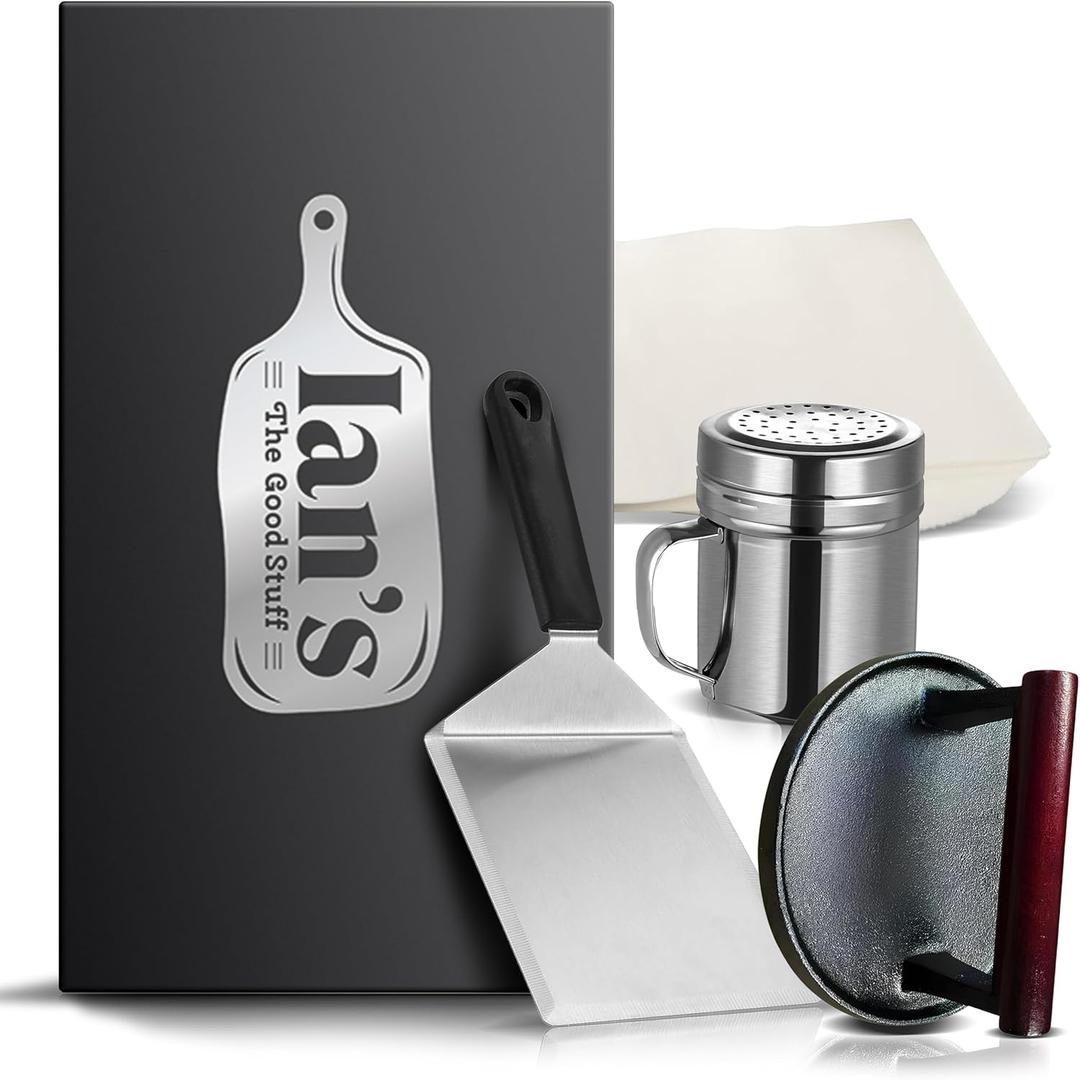 IAN's Smash Burger Press Kit - Cast Iron Burger Press (6.5 in), Smash Burger Spatula, Patty Pakers & Seasoning Shaker - Griddle, Flat Grill, Hibachi Accessories - Gifts for Dad