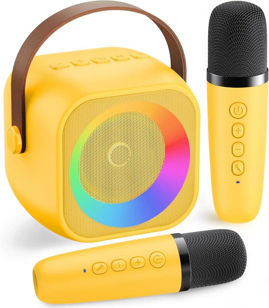 Mini Karaoke Machine for Kids Adults：Portable Bluetooth Karaoke Speaker with 2 Wireless Microphones and Lights for Home Party, Christmas Birthday Gifts for 412+ Years Old Girls Boys(Yellow)