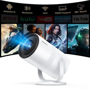 Mini Projector with Android 12 & Built-in Apps, Electric Focus Portable Movie Projector, 1080P Support, WiFi & Bluetooth, 180° Rotatable, Compatible with Smartphone, HDMI & USB
