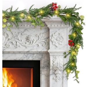 6FT Prelit Christmas Garland with Lights, Realistic Eucalyptus Garland with Artificial Cedar Cypress Leaves Red Berries Pine Cone Greenery Xmas Garland for Mantle Stair Railing Fireplace Decoration