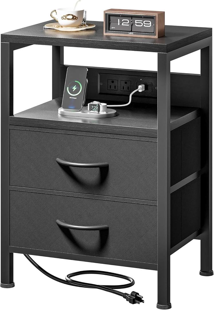 Lazzanto Nightstand Bedside Charger Table for Bedroom - Night Stand with Charging Station, Modern Nightstand with Open Shelf & 2 Fabric Drawers, Bed Side Table with USB-C Port for Dorm, Black