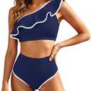 Bikini Set Women's High Waist Tummy Control Full Coverage Two Piece Swimsuit One Shoulder Swimwear Swimsuit for Women Ruffle High Waist Swimsuits Swimwear Swimwear, Large
