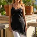 XBTCLXEBCO Women's Satin Lace Cami Top Silk V Neck Spaghetti Strap Camisole Asymmetrical Hem Flowy Long Lace Tank Slip Dress (Black, L)