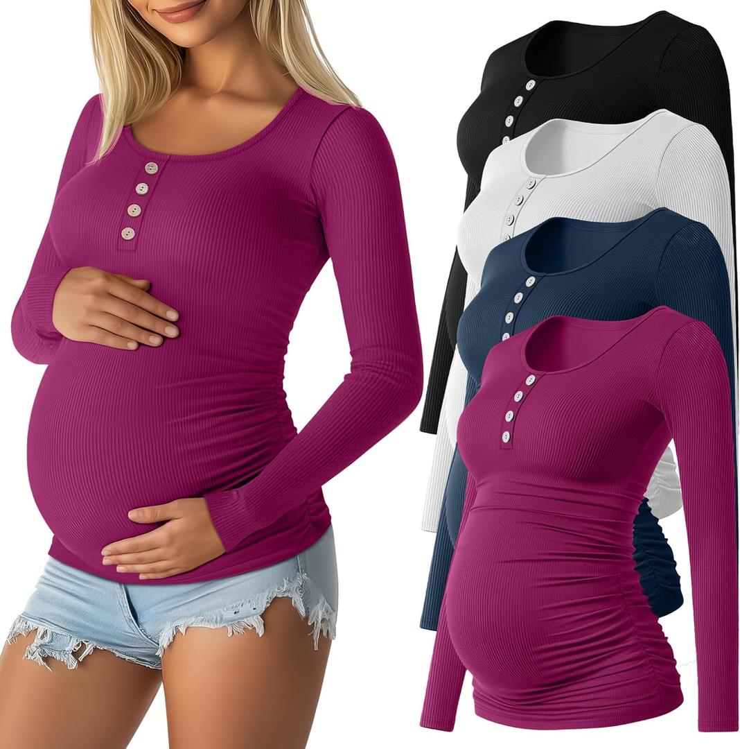 4 Pack Womens Maternity Shirts Cotton Scoop Neck Long Sleeve Ribbed Pregnancy Top Henley Side Ruched Mama Clothes (Medium, Black, White, Navy Blue, Fuchsia)