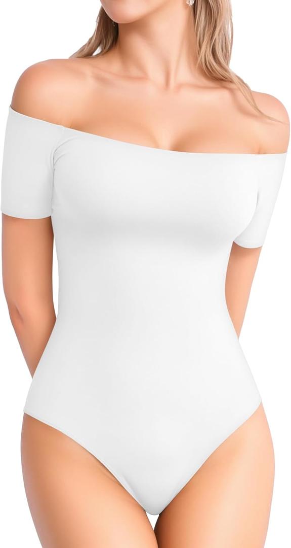 MANGOPOP Women's Off The Shoulder Long Sleeve Short Sleeve Bodysuit Sexy Backless Body Suit Tops (Medium)