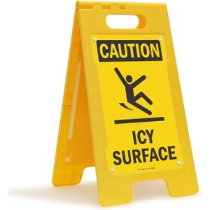 SmartSign 25 x 12 inch Caution - Icy Surface Two-Sided Folding Floor Sign with Symbol, Digitally Printed Polypropylene Plastic, Black and Yellow