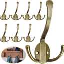 Homanu 8 Pack Coat Hooks Heavy Duty, Metal Three Prongs Large Coat Hooks Wall Mounted with 16 Screws, No Rust Antique Brass Rustic Wall Hooks for Hanging Towel, Coat, Scarf, Bag, Hat, Cup, Key