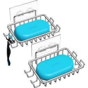 Nieifi Soap Dish,Bar Soap Holder for Shower Wall with 4 Hooks Stainless Steel Adhesive Soap Dish for Bathroom Shower Razor Holder (Silver) (2 Pack)