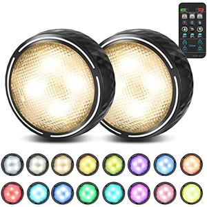 Battery Operated Puck Lights with Remote LED Under Cabinet Lighting Wireless Stick on Lights Color Changing Timer Tap Lights for Cabinets Shelves Closets Display Case - 2Pack Black