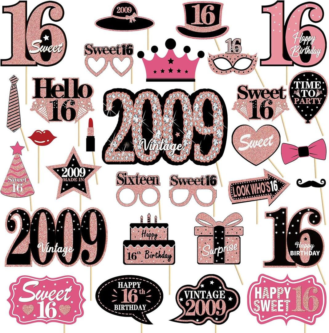 16th Birthday Decorations for Girls, Black Rose Gold Sweet 16 Photo Booth Props Sweet 16 Party Decorations Selfie Props Vintage 2009 Sixteen Centerpiece Sticks Happy 16th Birthday Party Supplies Sign