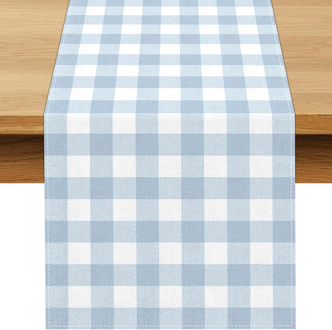 Dusty Blue Gingham Table Runner Blue Checkered Boy Girl Baby Shower Birthday Party Decoration Home Dining Kitchen Island Decor (13" x 72")