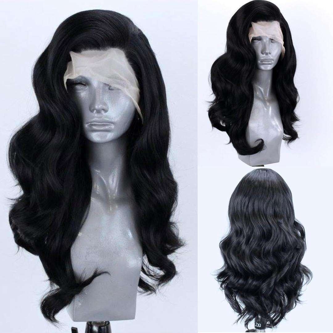 Black Long Wavy Hair Synthetic Lace Front Wigs Glueless Natural Hairline Heat Resistant Fiber Hair Free Part Lace Wigs for Women Cosplay Daily Wig (#Aterrimus)