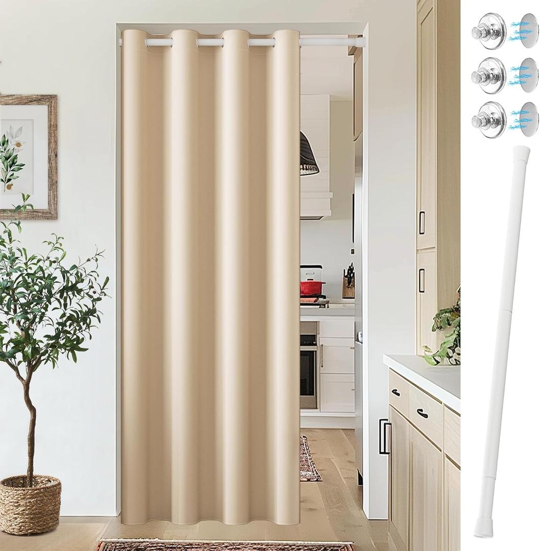 Vatge Doorway Curtains with Rod and Magnetic Closure, Door Curtains for Doorways, 80 Inch Drapes for Closet Door/Living Room/Laundry/Pantry, 1 Panel, W42 x L80, Beige