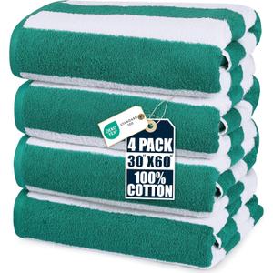 Utopia Towels Pack of 4 Cabana Beach Towels, Oversized 30 x 60 Inches Cotton Beach Towel Set, Smooth Ring Spun Texture for Pool and Swim Days, Modern Striped Design Bath Towels Green