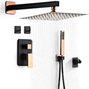 Shower Faucet Set, Matte Black and Rose Gold Rainfall Shower System Complete Wall Mounted for Bathroom with 10 Inch Square Shower Head and Handheld Shower Head Rain Mixer Combo Set Shower Faucet Set, Matte Black and Rose Gold Rainfall Shower System Complete Wall Mounted for Bathroom with 10 Inch Square Shower Head and Handheld Shower Head Rain Mixer Combo Set