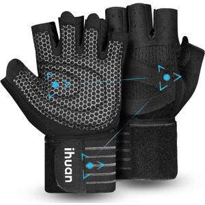 ihuan Ventilated Weight Lifting Gym Workout Gloves with Wrist Wrap Support for Men & Women, Full Palm Protection, for Weightlifting, Training, Fitness, Hanging, Pull ups (Black)