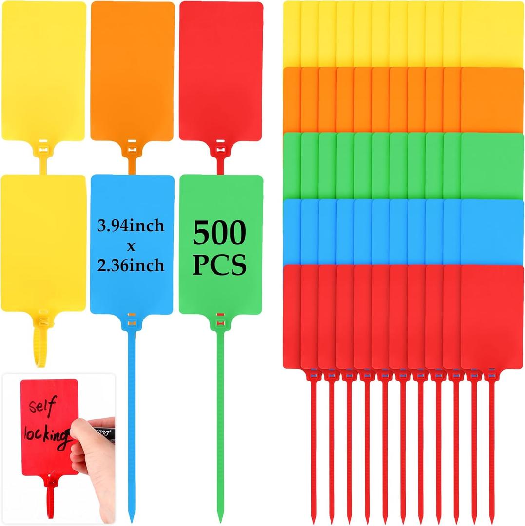 Chunful 500 Pcs Blank Plastic Tags Shipping Tags 3.94"x 2.36" Waterproof Sealing Shipping Labels Bulk Writable Hanging Tag Ties Sealing Strap Reusable Mark Labels for Keys Luggage Logistic(Colored)