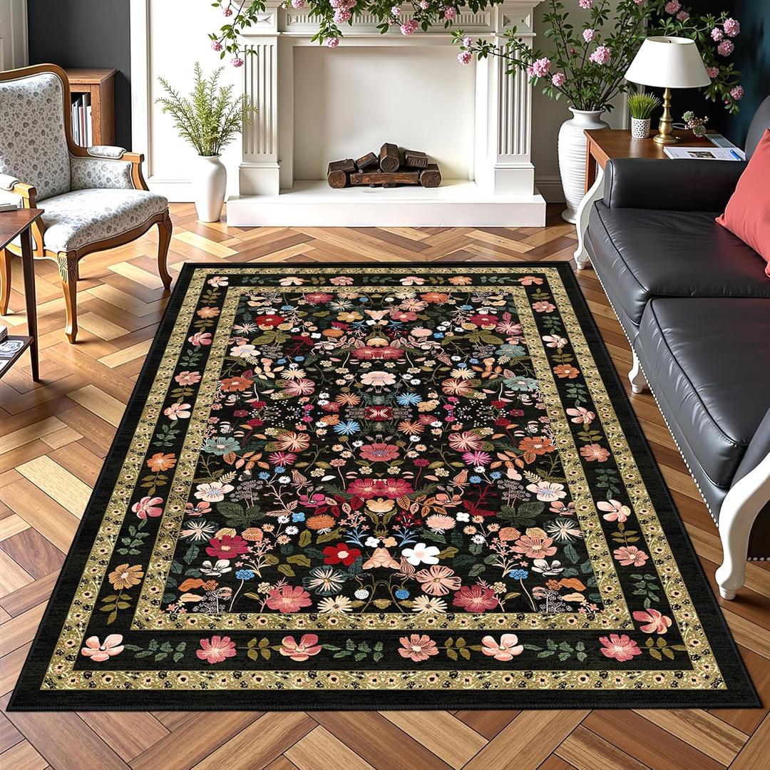 Black Floral Area Rugs 4x6 Washable Living Room Bedroom Carpet - Vintage Boho Thin Non-Slip Soft Low Pile Floor Mat Indoor Home Decor for Dining Room Playroom Farmhouse, Black/Multi