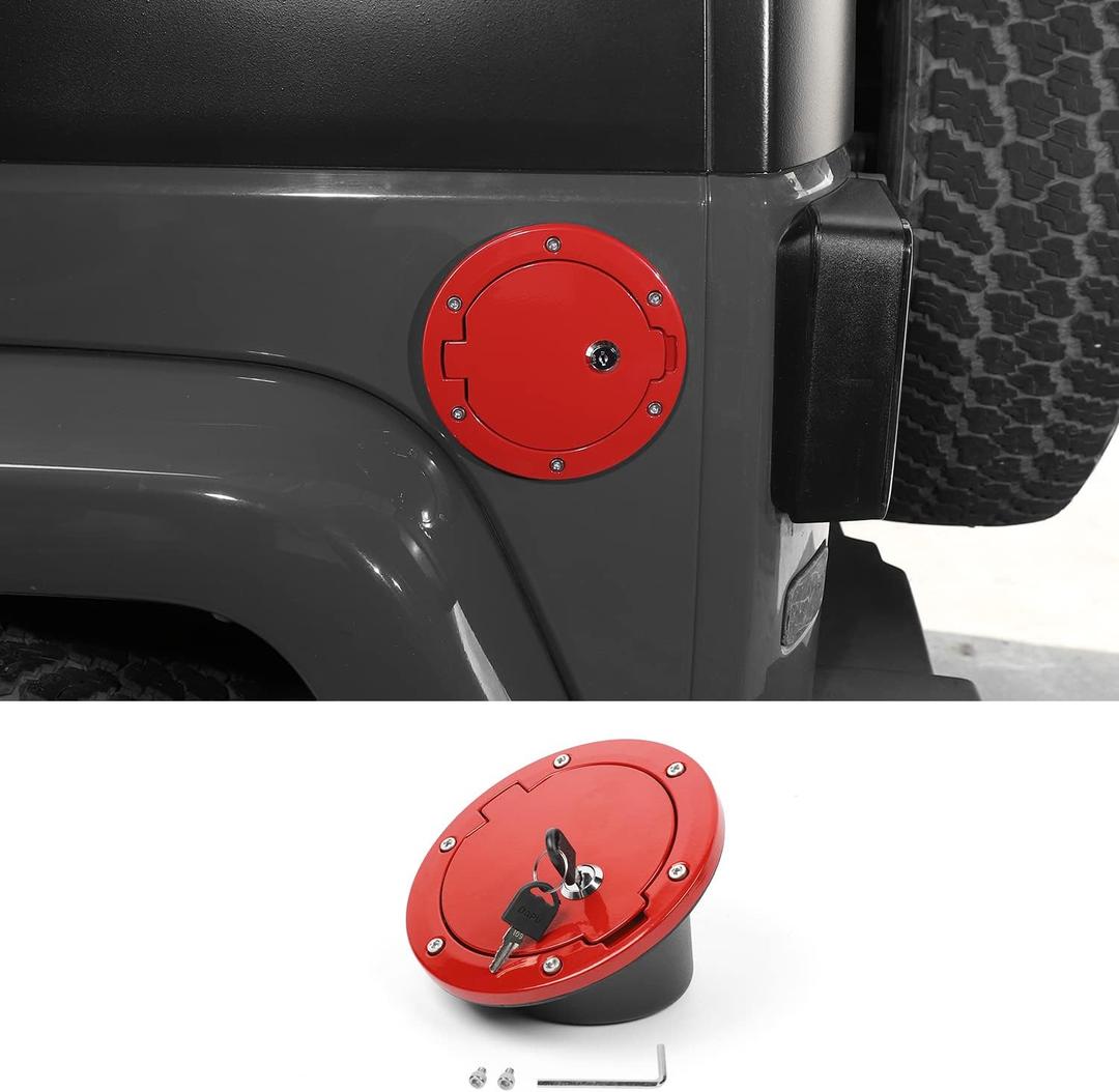 for JK Locking Fuel Filler Door Gas Tank Cap Cover, Aluminum Fuel Door Exterior Accessories for 2007-2018 Jeep Wrangler JK & Unlimited Sport Rubicon Sahara 2/4 Door(Red)