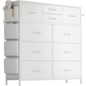 Lulive White Dresser for Bedroom with 10 Drawers, Chest of Drawers with Side Pockets and Hooks, PU Storage Dresser, Organizer Unit for Living Room, Hallway, Closet (White)