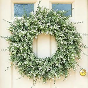 26'' Summer Wreath for Front Door, Porch- Artificial Eucalyptus, with Babys Breath Flowers Large Wreath for Home, Farmhouse Wall Decor, Green White