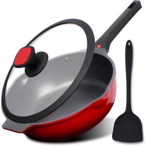 DIIG Nonstick Deep Frying Pan Skillet with Lid, 12 inch/ 5.5 QT Saute Pan with Silicone Spatula, Sauce Cookware Cooking Chef Pans, Cast Aluminum Induction Compatible, Ruby Red