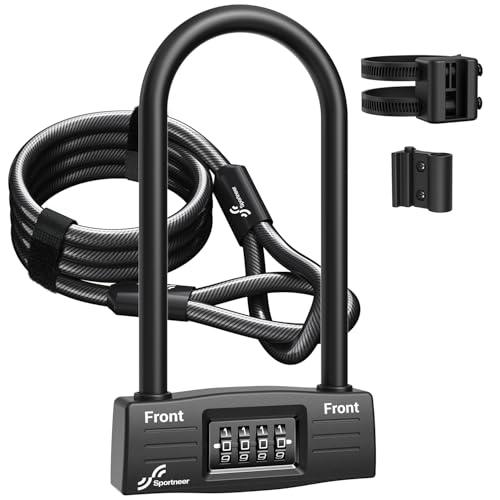 Sportneer Bike Lock: 14mm Keyless Combination Bike Lock with 5ft Security Steel Cable - Heavy Duty Anti Theft Shackle Bicycle U-Locks with Mounting Bracket for Road, Mountain, Electric & Folding Bike