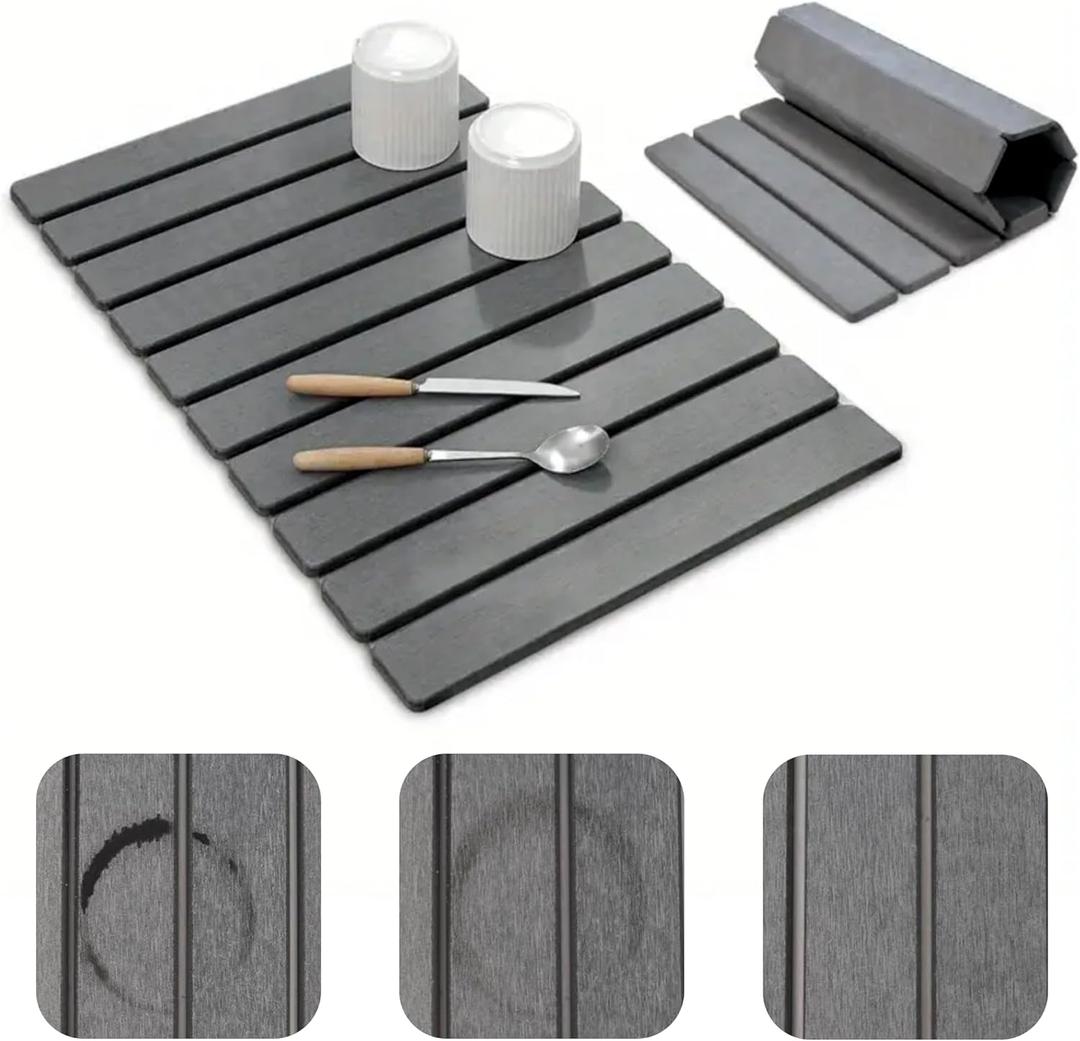 Large Stone Dish Drying Mat for Kitchen Counter, 24x16 Inches Diatomaceous Earth, 1-Second Absorption, Quick-Dry, Foldable, Non-Slip, Easy to Clean for Dishes - Dark Gray