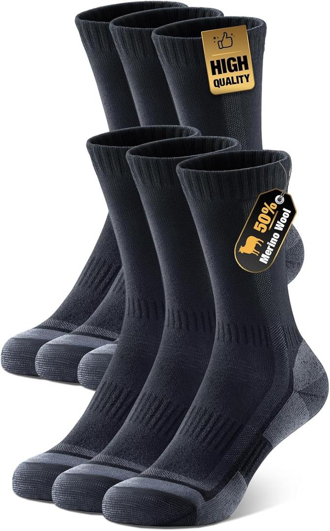 PULIOU Merino Wool Hiking Socks for Men Women, 3 Pairs Anti-Blister Breathable Cushioned Socks for Outdoor Adventure (Large, Black-3pcs-g1)