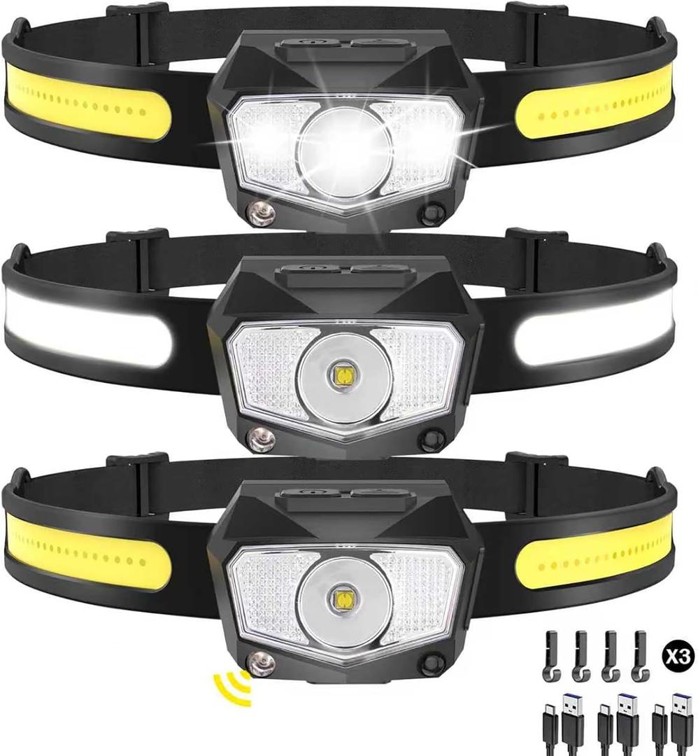 Headlamp Rechargeable 3Pack, 230Wide Beam COB & 60 Super Birght LED Head Lamp with White Red Light, 7Mode Head Lights for Forehead with Motion Sensor, Headlamps for Adults Camping Running Hiking