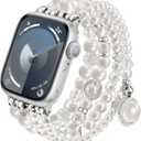 V-MORO Compatible with Apple Watch Band Pearl Series 10(42mm)/9/8/7 41mm/40mm Women Fancy Beaded Elastic Bracelet Bling Jewelry Strap for iwatch SE Series 6/5/4/3/2/1 Pure White,for 5.5"-6.2" Wrist (M-38mm/40mm/41mm/42mm(series 10), Pearl White)