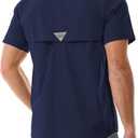 Men's Casual Button Down Shirts Outdoor Short Sleeve Summer Beach Elastic Shirt with Pocket (Blue, M)