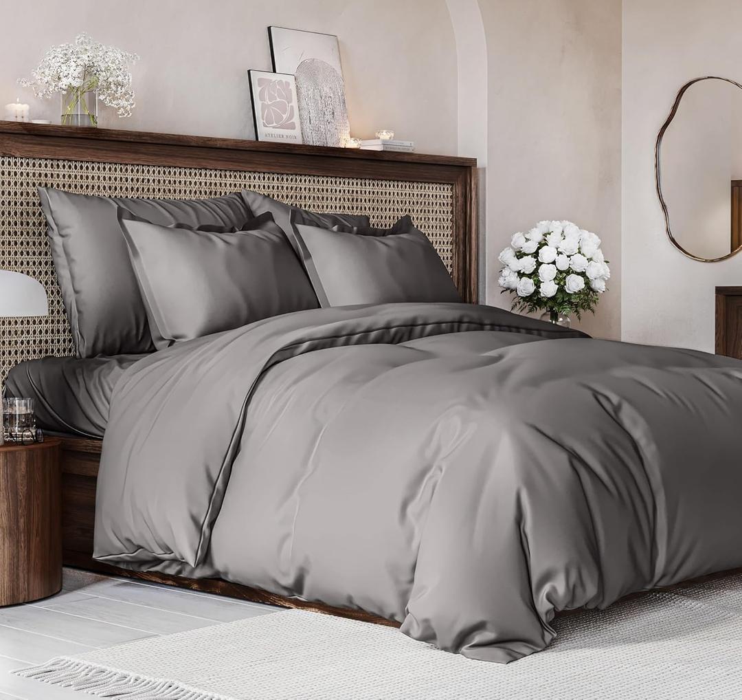 Duvet Cover Queen Size Set - Extra Soft Queen Size Duvet Cover 90 x 90 with 2 Pillow Shams - Hotel Luxury Easy Care and Fade Free w/Zipper Closures & Ties - Comfy Breathable Bedding Set (Dark Grey) (07 - Dark Grey (No Comforter))