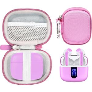 CaseSack Case for TAGRY X08 Bluetooth Headphones True Wireless Earbuds 60H, mesh Pocket for Charge Cable (Pink)