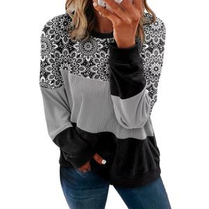 KISSMODA Womens Casual Long Sleeve Sweatshirts Color Block/Solid Tops Corduroy Crewneck Tunic Pullover with Pockets (Large)