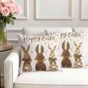 Easter Decorative Throw Pillow Covers 18x18 Set of 2 Bunny Spring Square Pillow Covers for Couch Happy Easter Rabbit Leaves Cushion Cases for Living Room Bedroom Bed Car Chair
