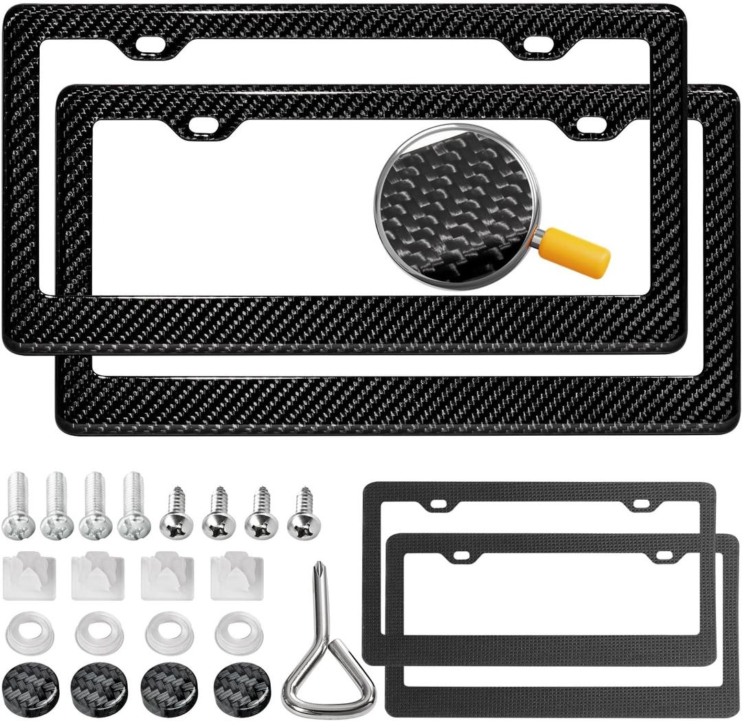 Real Carbon Fiber License Plate Frame, 100% Pure Carbon Fiber Frame, Black License Plate Holder Cover with Screw Caps, Anti-Vibration Pads,2 Pack (Twill 2 Hole)