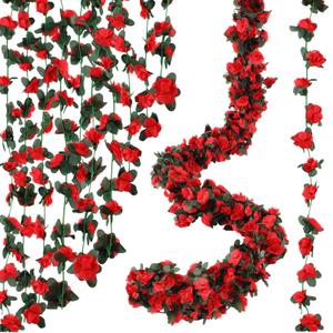 5 Pcs 41ft Flower Garland Artificial Vine with Green Leaves Hanging Fake Flower Vines Ivy Garlands Wall Garden Decor for Room Wedding Birthday Arch Decor (Red)