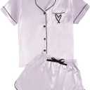 Rooscier Women's Satin Pajamas Set V Neck Short Sleeve Shirt With Shorts Sleepwear (Large, Light Purple)