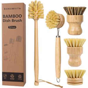 5 Pack Bamboo Dish Brush Set, Wooden Dish Brush with 14 Bottle Brush, Natural Kitchen Scrub Brush for Dishes Pots, Pans, Sinks, Woks, Vegetables