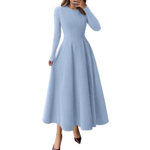PRETTYGARDEN Cocktail Dresses for Women 2026 Elegant Classy Fall Long Sleeve Midi A Line Flowy Modest Winter Party Dress, Light Blue, X-Large