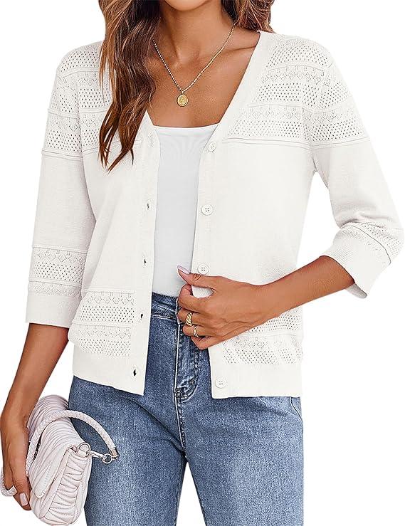 Women's 2025 Cropped Cardigan 3/4 Sleeve Lightweight Crochet Shrug Hollowed-Out Knit Sweater Tops, S, White
