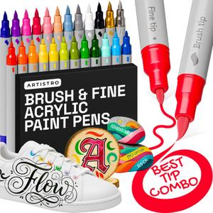 ARTISTRO 24 Acrylic Paint Pens - Dual Tip Brush + Fine Ideal for Calligraphy - Acrylic Paint Markers for Fabric, Rock, Glass, Wood, DIY - Art Supplies, Stocking Stuffers, Christmas Gift Idea