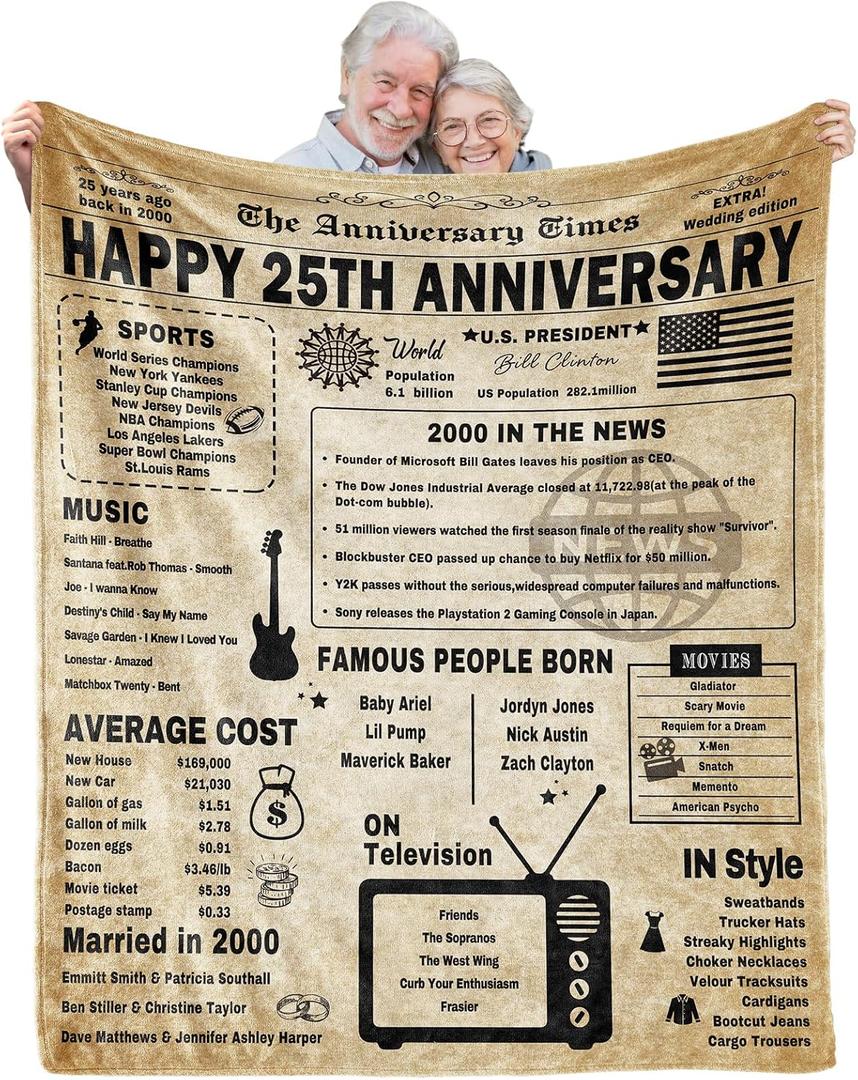 25th Anniversary Blanket Gifts Gift for 25th Silver Wedding Anniversary 25 Years of Marriage Gifts for Couple Wife Husband Dad Mom Parents Back in 2000 Throw Blanket 60Lx50W Inch