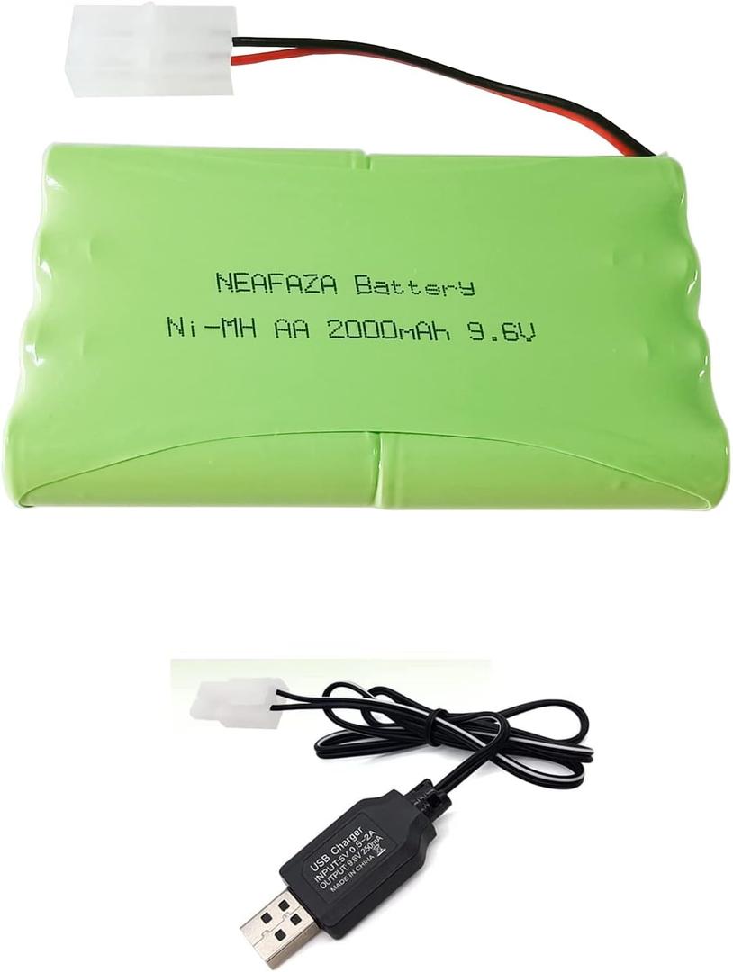 9.6V 2000mAH NiMH RC Car Flat 8-Cell AA Rechargeable Replacement Hobby Battery Pack and USB Charger Cable with Standard Tamiya Connector for RC Monster Truck, RC Battle Tank and Vehicles