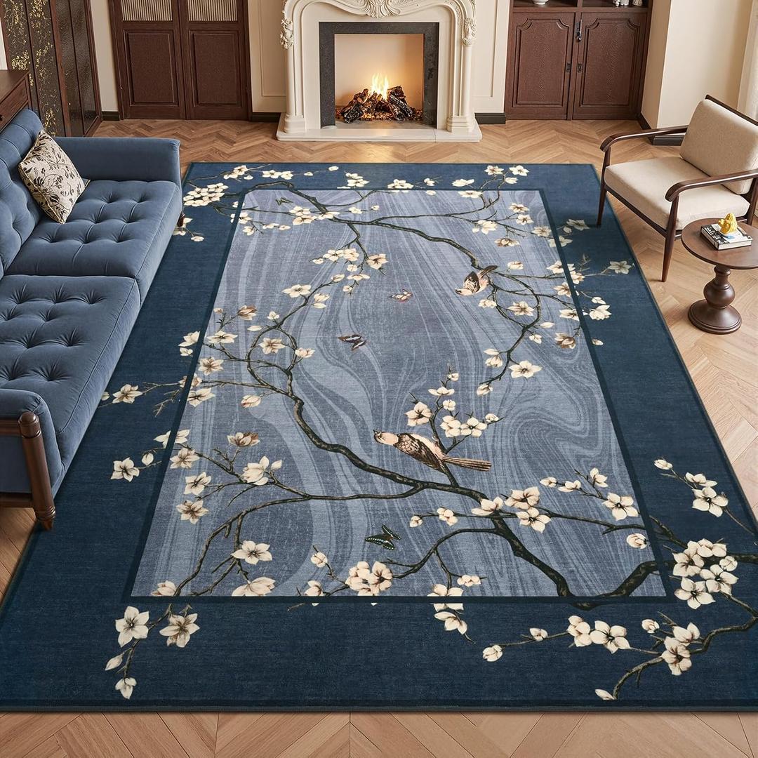 8x10 Area Rugs for Living Room, Oriental Floral Birds Large Washable Rug for Bedroom, Soft Low Pile Non Slip Carpet for Dining Room Kids Room Farmhouse Office Home Decor, Blue