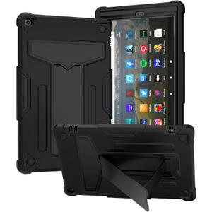 Shockproof Case for Fire HD 10 Tablet (7th/9th Generation, 2017/2019 Version), Techcircle Multi-Angle Heavy Duty Bumper Defender Child Proof Rugged Case w/Kickstand Silicone Hybrid Cover, Black (10.1" 2019/2017, 9th/7th gen)