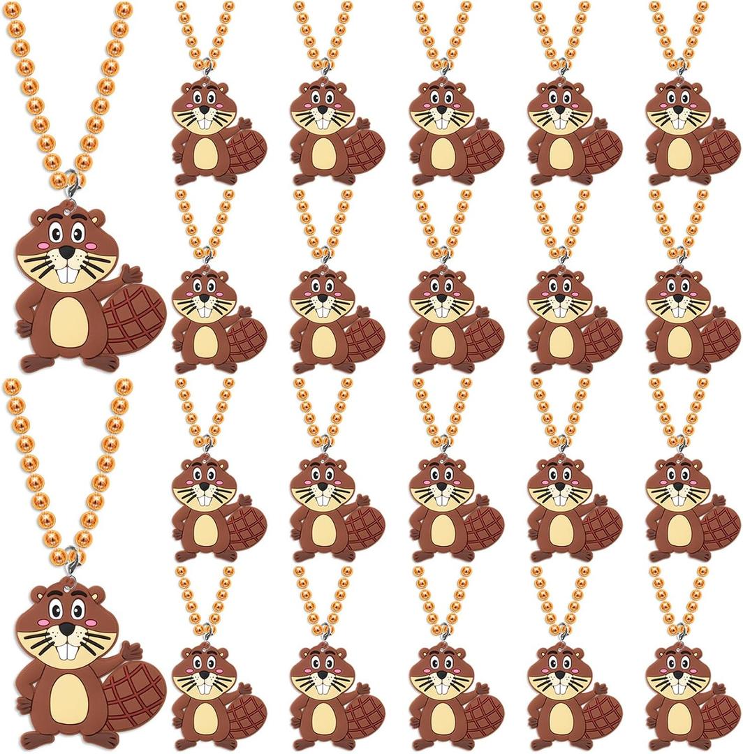 24 Pack Beaver Necklace Party Favors for Wild Animal Themed Baby Shower, Birthday Party Goodie Bag Fillers，School Carnival Rewards, Photography Props, Home Decorations, Classroom Prize