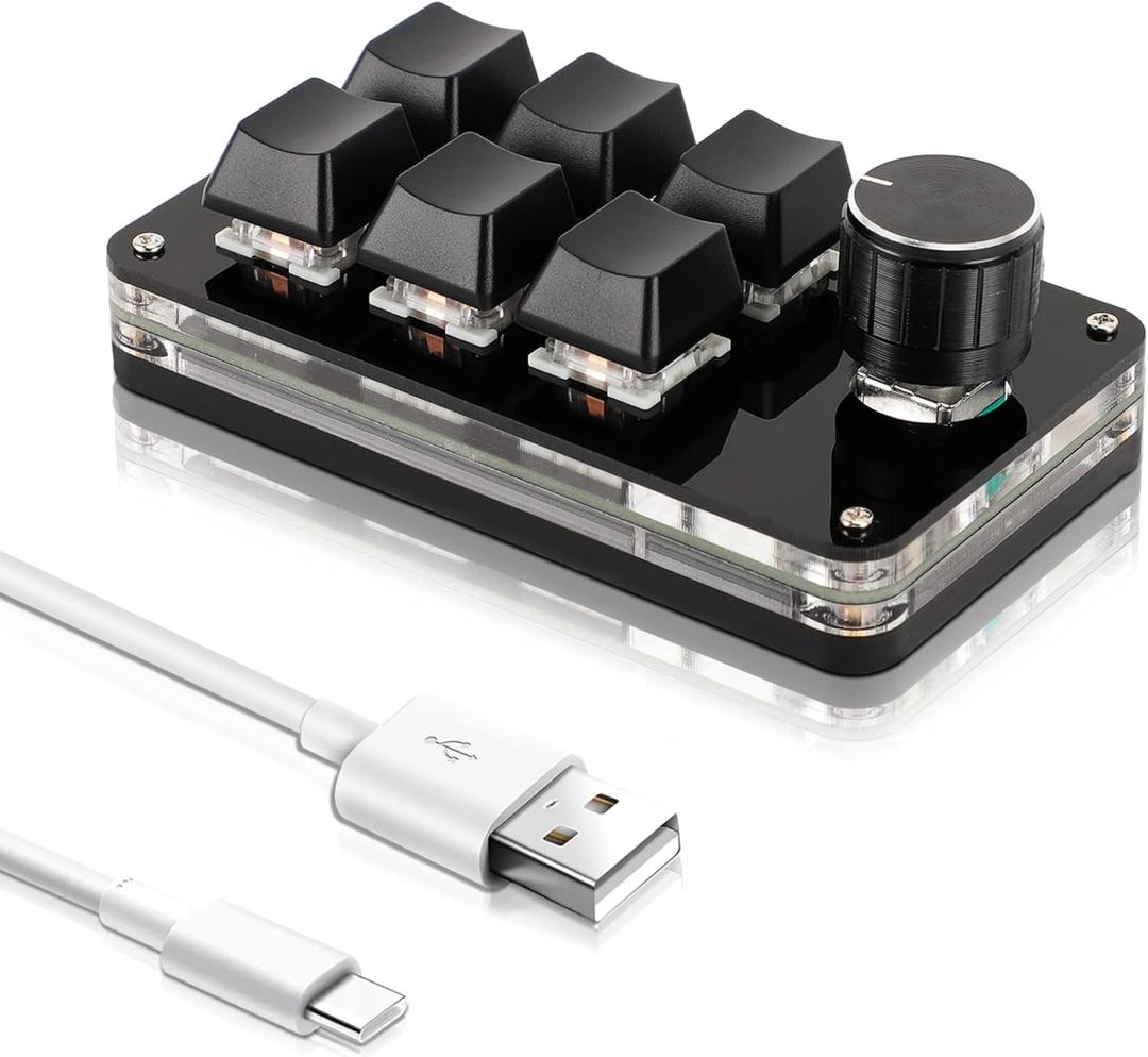 Dioche USB Mini 6Key Keypad Mechanical Programmable Gaming Keyboard Portable One Handed Mechanical Macro Pad Shortcut Programmable Keyboard with Knob for PC Gamer(Full Black)