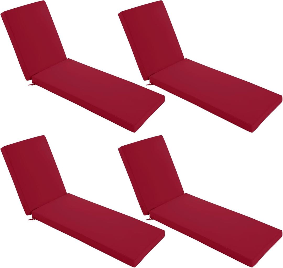 Chaise Lounge Cushions Outdoor Set of 4 - Waterproof and Fade Resistant Sun Lounger Replacement Cushions - Patio Lounger Pads with Removable Cover for Pool, Deck, Lawn, 72 x 21 x 3 Inch, Red